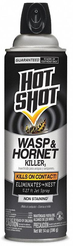 HOT SHOT Wasp/Hornet Killer: For Use On Flying Insects, Aerosol Spray Can, 14 oz Container Size (MPN HG-13415). Key specifications — Brand: HOT SHOT; Container Type: Aerosol Spray Can; DEET Concentration: DEET-Free; Form: Aerosol Spray; Indoor/Outdoor Use: Outdoor; Insect Group: Flying; Targeted Insects: Yellowjackets.