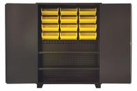 JAMCO Bin Cabinet: 60 in x 24 in 78 in, 2 Shelves, 12 Bins, Yellow, Solid, 14 ga Panel, Black, Solid (MPN HH260BL). Key specifications — Bin Color: Yellow; Bin HxWxD: (12) 7 in x 16-1/2 in x 14-3/4 in; Assembled: Assembled; Cabinet Style: Shelf and Bin; Brand: JAMCO; Cabinet Color: Black; Cabinet Finish: Powder Coated; Cabinet Material: Steel.
