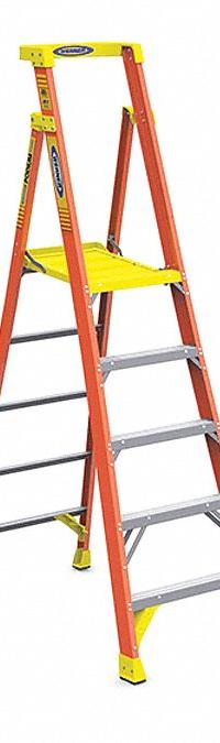 WERNER Platform Stepladder: 7 ft Ladder Size, Fiberglass, 300 lb Load Capacity, 33 lb Wt (MPN PD6205). Key specifications — Brand: WERNER; Included Features: Guard Rail.