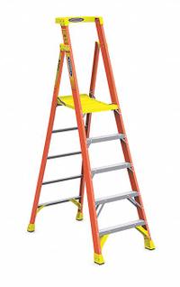 WERNER Platform Stepladder: 7 ft Ladder Size, Fiberglass, 300 lb Load Capacity, 33 lb Wt (MPN PD6205). Key specifications — Brand: WERNER; Included Features: Guard Rail.