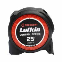 CRESCENT LUFKIN Tape Measure: Magnetic Single Hook Tip, 25 ft, Plastic with Rubberized Grip (MPN LM1025C-02). Key specifications — attr935324: CRESCENT LUFKIN; attr942259: Orange; attr935326: Tether Ready; attr935328: 1/16 in; attr935329: Inches; attr935337: SAE; attr936607: Manual Lock; attr972446: Inch.