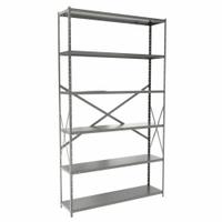 HALLOWELL Metal Shelving: Standalone, Medium-Duty, 48 in x 12 in, 84 in Overall Ht, 6 Shelves (MPN F5711-12HG). Key specifications — Frame Material: Steel; Shelving Material: Steel; Assembled: Unassembled; Color: Gray; Brand: HALLOWELL.
