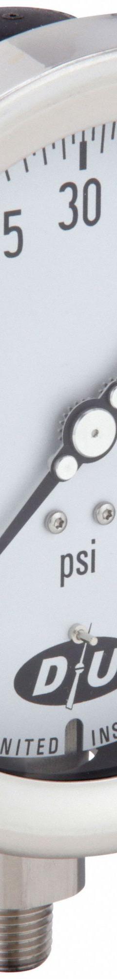 DURO Industrial Pressure Gauge: 0 psi to 60 psi, White, 4 1/2 in Dial, 1/4 in NPT Male, Bottom, 20 (MPN 4.2070413E7). Key specifications — Brand: DURO; Pointer Color: Black; Accuracy: ±0.5%; Dial Color: White; Gauge Wetted Parts: Stainless Steel; Case Material: Stainless Steel; Vibration Resistance Properties: None; Pressure Range: 0 psi to 60 psi.
