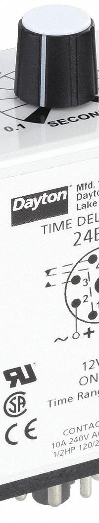 DAYTON Single Function Time Delay Relay: Socket Mounted, 240V AC, 10 A, 8 Pins/Terminals, On Delay (MPN 24EP01). Key specifications — Brand: DAYTON.