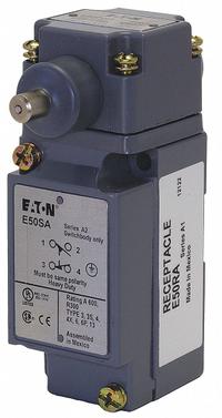 EATON Plunger Limit Switch: Plunger Actuator, Maintained, Metallic, 8 ozf Op Force - Min, Plunger (MPN E50AH1). Key specifications — Manufacturer Part Number: E50AH1; Brand: EATON; Electrical Connection: Screw Terminals; Action: Maintained; Series: E50; Body Material Type: Metallic; Actuator Type: Plunger.