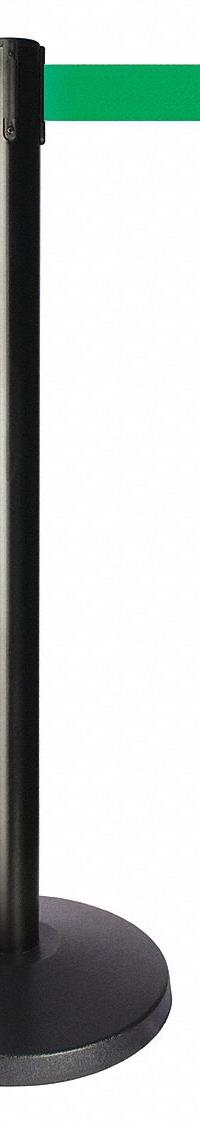 QUEUEWAY Barrier Post with Belt: Green, No Pattern, No Legend, 10 ft Belt Lg, Black, 10 ft x 2 in (MPN QPLUS-33-G6). Key specifications — Base Material: ABS; Belt Color: Green; Brand: QUEUEWAY; Post Material: Metal Alloy; Post Color: Black; Message: No Legend.