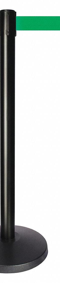 QUEUEWAY Barrier Post with Belt: Green, No Pattern, No Legend, 10 ft Belt Lg, Black, 10 ft x 2 in (MPN QPLUS-33-G6). Key specifications — Base Material: ABS; Belt Color: Green; Brand: QUEUEWAY; Post Material: Metal Alloy; Post Color: Black; Message: No Legend.