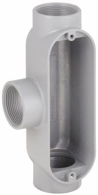 Conduit Outlet Body: Aluminum, 1 1/4 in Trade Size, T Body, 30.8 cu in Body Capacity, Threaded Hub (MPN T125). Key specifications — Finish: Powder Coated; For Use With: RMC; Brand: RACO; Hub Style: Threaded.