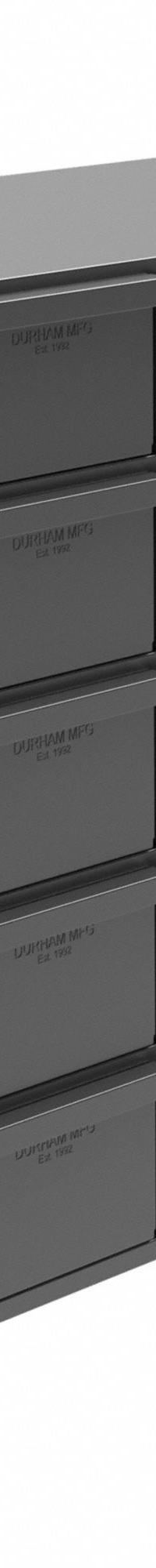 DURHAM MFG Drawer Bin Cabinet: 33 3/4 in x 12 1/4 in x 21 in, 30 Drawers, Stackable, Steel, Gray (MPN 034-95). Key specifications — Cabinet Material: Steel; Includes Dividers: Yes; Cabinet Finish: Powder Coated; Drawer Color: Gray; Cabinet Style: Drawer; Assembled: Assembled; Drawer Inside WxDxH: (30) 5-11/32 in x 11-1/4 in x 3-3/4 in; Cabinet Color: Gray.