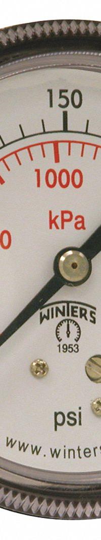 WINTERS Panel-Mount Pressure Gauge: U-Clamp, 0 psi to 300 psi, 2 1/2 in Dial, 1/4 in NPT Male, IP52 (MPN P9U901442UC). Key specifications — Accuracy: ±2-1-2%; Brand: WINTERS; Vibration Resistance Properties: Dry Case Vibration-Dampened; Gauge Wetted Parts: Brass / Bronze.
