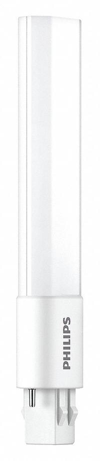 PHILIPS Compact LED Bulb: Type A, 2-Pin (GX23), Tube, LED, 2700K, 520 lm Light Output, 5 W Watt (MPN 5PL-S/LED/13H/827/IF5/P/2P 20/1). Key specifications — Brand: PHILIPS; Bulb Designation: 5PL-S/LED/13H/827/IF5/P/2P 20/1; Dimmable: No; Color Temperature: 2700K.
