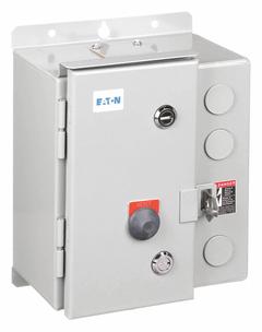 EATON NEMA Magnetic Motor Starter: Non-Reversing, 3 Poles, NEMA Size 1, 27 A, 24V AC Coil (MPN ECN0512TAA-R63/CL30). Key specifications — attr211388: EATON; attr951451: 1NO/1NC; attr951453: 24V AC; attr951489: Three; attr984425: 1NO/1NC; attr984429: Pilot Light; attr997361: None (Not Applicable to Electronic Overloads).
