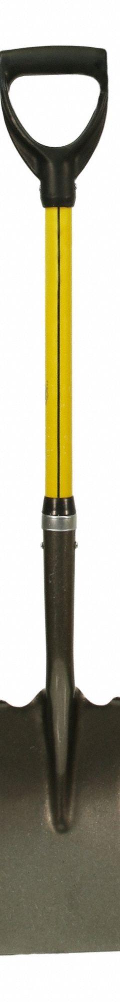 NUPLA Square Point Shovel: Steel Blade, 14 ga, D-Grip Handle Type, Fiberglass Handle (MPN 75.69-231). Key specifications — Blade Color: Black; Handle Color: Yellow; Blade Material: Steel.