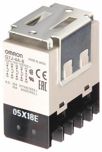 OMRON Enclosed Power Relay: Bracket Mounted, 25 A Current Rating, 100/120V AC, 4PST-NO (MPN G7J-4A-B-W1-AC100/120). Key specifications — Brand: OMRON; Base Type: Square; Mounting Style: W-Bracket; Electrical Connection: Screw Terminal; Manufacturer Part Number: G7J-4A-B-W1-AC100/120; Operating Current: 25 A at 220V AC (Resistive Load NO); Series: G7J Series; Relay Bracket Type: W-Bracket (Sold with Relay).