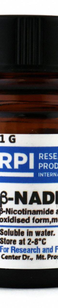 RPI NADP (B-Nicotinamide adenine dinucleotide phosphate, oxidised Form, monosodium salt): 1 g Volume (MPN N20120-1.0). Key specifications — Form: Powder; Special Information: BSE/TSE Free; Brand: RPI; Chemical Grade: Lab; Container Material: Plastic.