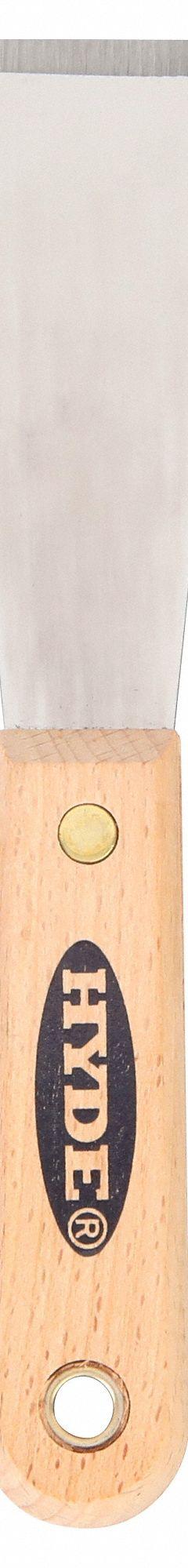 HYDE Putty Knife: Bld. Mat. Carbon Steel, Hdl. Mat. Hardwood, Stiff, Straight Bld. Shape (MPN 07210). Key specifications — attr1004902: HYDE; attr1012057: Full; attr1014703: Wood; attr1017570: Standard End; attr1029655: Straight; attr1034073: Straight.