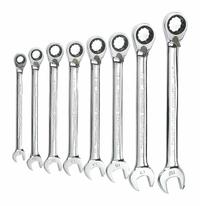 GEARWRENCH Combination Ratcheting Wrench Set: Alloy Steel, Full Polish Chrome, 8 Tools, Std, Rounded (MPN 9543). Key specifications — attr309581: Full Polish Chrome; attr309580: Alloy Steel; attr309571: No; attr309583: No; attr309587: Yes; attr324931: GEARWRENCH.