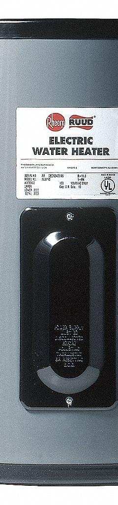 RHEEM-RUUD Electric Water Heater: 120V, 10 gal, 1,500 W, Single Phase, 22.87 in Ht, 15 gph @ 40°F (MPN EGSP10). Key specifications — Phase: Single; Brand: RHEEM-RUUD.