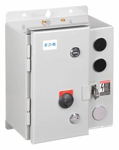 EATON NEMA Magnetic Motor Starter: Non-Reversing, 3 Poles, NEMA Size 1, 27 A, 24V AC Coil (MPN ECN0512TAA-R63/D). Key specifications — attr211388: EATON; attr951451: 1NO/1NC; attr951453: 24V AC; attr951489: Three; attr984425: 1NO/1NC; attr984429: Pilot Light; attr997361: None (Not Applicable to Electronic Overloads).