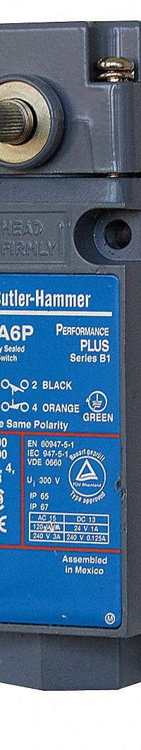 EATON Plug-In Limit Switch: 29 mm Mounting Hole Vertical Center to Center Distance, 90°, Lever-Rod (MPN E50BL16P). Key specifications — Manufacturer Part Number: E50BL16P; Brand: EATON; Electrical Connection: 8 ft Cable; Series: E50.
