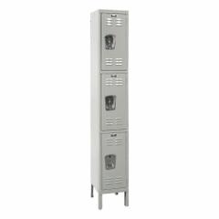 HALLOWELL Locker: 12 in x 18 in x 78 in, Louvered, 3 Tiers, 1 Units Wide, Combo/Padlock, Gray, Steel (MPN U1288-3PL). Key specifications — Brand: HALLOWELL; Locker Color: Gray; Lock Type: Combination/Padlock; Door Type: Louvered; Locker Material: Steel; Assembled: Assembled; Number Plate Included: Yes.