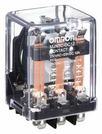 OMRON General Purpose Relay: Socket Mounted, 10 A Current Rating, 12V DC, 3PDT, 11 Pins/Terminals (MPN MJN3C-DC12). Key specifications — Brand: OMRON; Base Type: Square; Mounting Style: Plug-In; Pin Shape: Round; Electrical Connection: Plug-In; Manufacturer Part Number: MJN3C-DC12; Series: MJN Series.