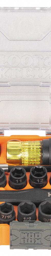 KLEIN TOOLS: 3/8 in Drive Size, Small Set (0-50 pieces) Set Size, 28 Pieces, 6-Point, KNECT™ (MPN 65400KNECT). Key specifications — attr1204251: KLEIN TOOLS; attr1215453: 3/8 in; attr1215454: 8 mm to 17 mm.