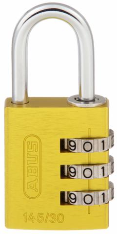 ABUS Combination Padlock: Scrolling Combo, Yellow, Aluminum, Std Shackle, Steel Shackle (MPN 145/30 Yellow). Key specifications — Dial Color: Silver; Brand: ABUS.