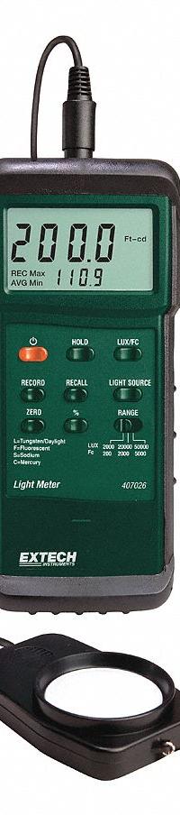 EXTECH Light Meter: 45 in Cable/Holster with Stand/Light Sensor/Protective Cover, LCD, RS-232, NIST (MPN 407026-NIST). Key specifications — Brand: EXTECH; Light Level Accuracy: ±4% Full Scale; Digital Display Screen Type: LCD; Includes: 45 in Cable; Lights Tested: Fluorescent; Certificate of Calibration: Included.