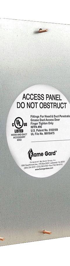 Duct Access Door: 19 in x 23 in, 16 ga, Steel, Thumbscrews, 2,300°F Max Temp Rating (MPN 6EJA8). Key specifications — Brand: FLAME GARD; Material: Steel; For Duct Shape: Rectangular.