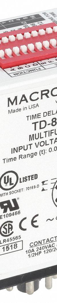 MACROMATIC Multi-Function Time Delay Relay: Socket Mounted, 240V AC, 10 A, 8 Pins/Terminals (MPN TD-88161). Key specifications — Delay Function: Multi Function; Mounting Style: Plug-In; Input Voltage: 240V AC; Brand: MACROMATIC.