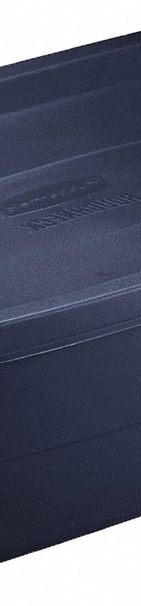RUBBERMAID Storage Tote: 3 gal, 15 3/4 in x 10 5/8 in x 7 in, Dark Blue/Metallic Body, Blue, Blue (MPN RMRT030003). Key specifications — Material: Plastic; Edge/Corner Design: Rounded; Body Color: Dark Blue/Metallic; Lid Color: Dark Blue/Metallic; Brand: RUBBERMAID; NSF Certified: Not NSF Certified; Nestable: Nesting Capable.
