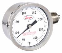 DWYER Dial Thermometer: 50°F to 400°F, ±2%Full Scale Accuracy, 4 in Stem Lg, 3 in Dial Dia (MPN BTLR340121). Key specifications — Accuracy: ±2 % Full Scale; Brand: DWYER.