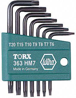 WIHA Torx Key Set: Short, 7 Pieces, T10/T15/T20/T6/T7/T8/T9 Tip Size, Std End - L-Shaped Torx & Torx Plus Key Sets