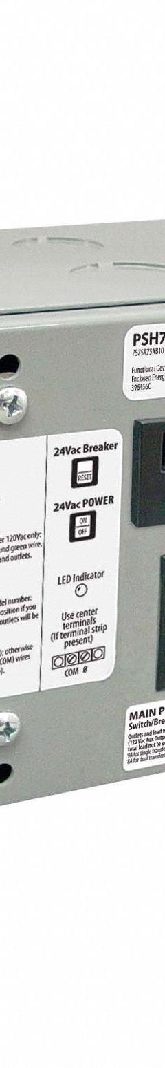 FUNCTIONAL DEVICES INC / RIB Class 2 Power Supply: 75 VA Power Rating, 120V AC, 24V AC, Wall (MPN PSH75A75AB10). Key specifications — Brand: FUNCTIONAL DEVICES INC / RIB; Input Voltage: 120V AC; Includes On/Off Switch: Individual Output On/Off Switch; Mounting: Wall; Output Voltage: 24V AC; Wire Connection Type: Screw Terminals.