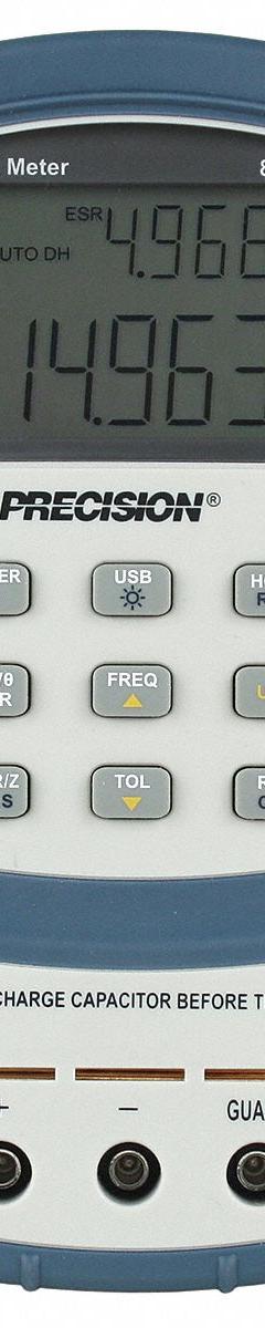 B&K PRECISION LCR Meter: 40 pF to 20 mF, 0.4 ohm to 10 megaohm, 40 uH to 1,000 H, USB (MPN 879B). Key specifications — attr1387597: B&K PRECISION; attr1387618: LCR Meter; attr1387595: 879B.