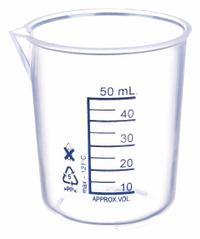 APPROVED VENDOR Beaker: Low Form, Polypropylene, 50 mL, 54.5 mm Outside Dia, 59.3 mm Overall Ht (MPN 6FAE3). Key specifications — Body Color: White; Brand: APPROVED VENDOR; Product Type: Beaker; Includes Graduations: Yes; Beaker Type: Low Form.