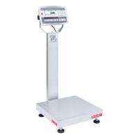 OHAUS Industrial Bench Scale: 18 in x 18 in, IP67/IP68, Column-Mounted, 50 lb Wt Capacity - Imperial (MPN D52XW25WQL7). Key specifications — Connection Ports: 2 In/4 Out Discrete I/O; Readability: 0.002 lb/1 g; Brand: OHAUS; Weighing Surface Material: Stainless Steel.