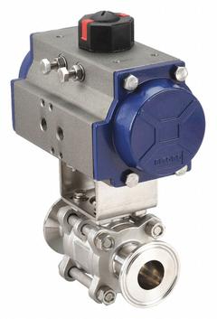 VNE Pneumatically Actuated Two-Way Ball Valve: 4 in, 316 Stainless Steel, Clamp x Clamp, Three-Piece (MPN 90C4.0C/161-5SC-XX). Key specifications — 3-A Compliance: Meets 3A Sanitary Standards; Average Surface Roughness (Ra): < 0.6 micron; Brand: VNE; Pilot Solenoid Voltage: Not Included.
