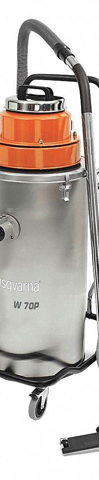HUSQVARNA Slurry Vacuum: Std, Wet, 15 gal Tank, 118 cfm Air Flow, 1 1/2 in Hose Dia (MPN W70P). Key specifications — attr118028: Stainless Steel; attr118016: Yes; attr117997: HUSQVARNA.