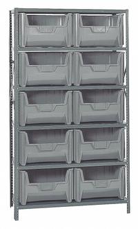 QUANTUM STORAGE SYSTEMS Bin Shelving: 42 in x 18 in x 75 in, 1 Sided, 10 Bins, Open, Gray, 6 Shelves (MPN QSBU-700GY). Key specifications — Includes Bins: Yes; Bin Material: Polypropylene; Frame Color: Gray; Bin HxWxD: (10) 12-1/4 in x 17-1/2 in x 13-5/8 in; Frame Material: Steel; Bin Color: Gray; Bin Style: Hang and Stack; Brand: QUANTUM STORAGE SYSTEMS.