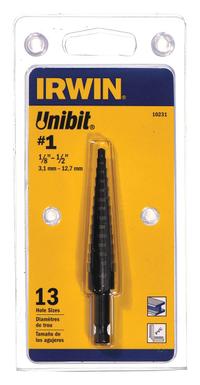 IRWIN Step Drill Bit: 1/8" to 1/2", Black Oxide HSS, Hex Shank (MPN 10231). Key specifications — attr1234936: Not Impact Rated.