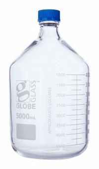 GLOBE SCIENTIFIC Media Bottle: 5 L, Screw-On, GL45, 330 mm, Colorless, Closure Included, Attached (MPN 8105000). Key specifications — Closure Type: Screw-On; Mouth Size: Wide; Screw Closure Size: GL45; Brand: GLOBE SCIENTIFIC; Body Color: Colorless.