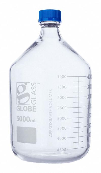 GLOBE SCIENTIFIC Media Bottle: 5 L, Screw-On, GL45, 330 mm, Colorless, Closure Included - Glass Lab Media Bottles