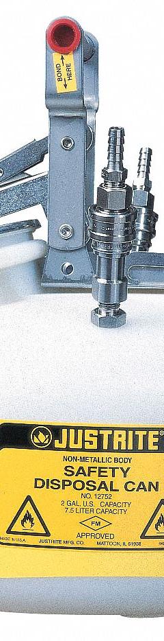 JUSTRITE HPLC Waste Can: 2 gal Can Capacity, Stainless Steel Fitting Material, 2 Fittings (MPN TF12752). Key specifications — Seal Material: EDPM; Brand: JUSTRITE; Can Material: Polyethylene; Fitting Material: Stainless Steel.