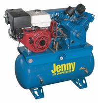 JENNY Stationary Air Compressor: 2 Stage, 11 hp Engine, Honda, 17.5 cfm, 30 gal Air Tank, Horizontal (MPN W11HGB-30T). Key specifications — attr50933: Honda; attr86530: Electric; attr50934: JENNY.