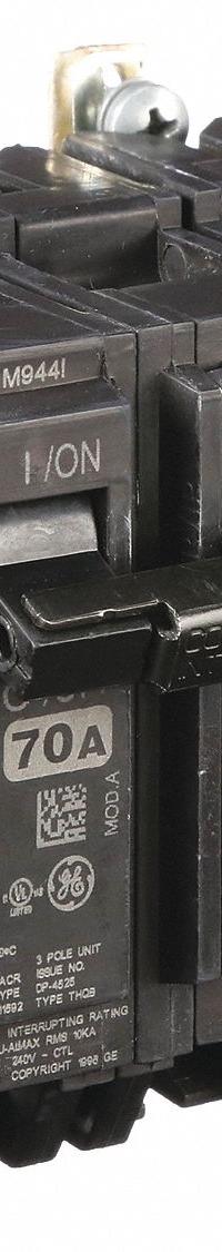 GE Miniature Circuit Breaker: THQB, 70 A, 120/240V AC, Three Phase, 10kA at 120/240V AC, Std (MPN THQB32070). Key specifications — attr195972: 70 A; attr195973: 120/240V AC; attr195974: Three; attr195975: 10kA at 120/240V AC; attr195976: Lighting Panels.