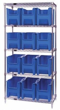 QUANTUM STORAGE SYSTEMS Bin Shelving: 36 in x 18 in x 74 in, 1 Sided, 12 Bins, Open, Blue, 5 Shelves (MPN WR5-600BL). Key specifications — Includes Bins: Yes; Bin Material: Polypropylene; Frame Color: Gray; Bin HxWxD: (12) 12-1/4 in x 10-7/8 in x 17-1/2 in; Frame Material: Steel; Bin Color: Blue; Bin Style: Hang and Stack; Brand: QUANTUM STORAGE SYSTEMS.