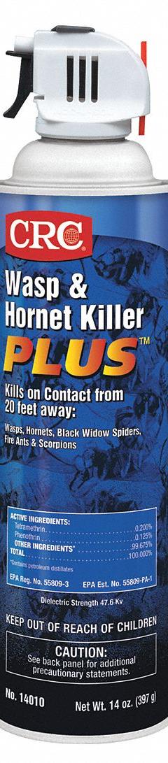 CRC Wasp and Hornet Killer: For Use On Flying Insects, Trigger Spray Bottle, 14 oz Container Size (MPN 14010). Key specifications — Brand: CRC; Container Type: Trigger Spray Bottle; DEET Concentration: DEET-Free; Form: Liquid; Indoor/Outdoor Use: Outdoor; Insect Group: Flying; Targeted Insects: Wasps.