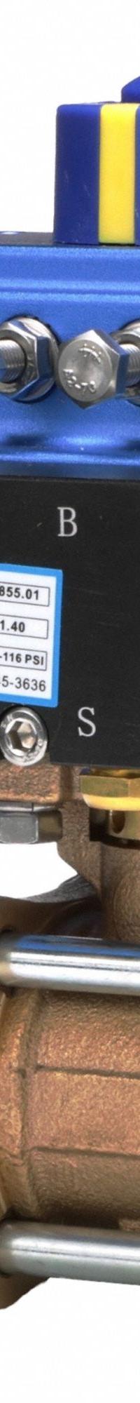 DYNAQUIP CONTROLS Pneumatically Actuated Two-Way Ball Valve: 3/4 in Size, Brass, FNPT x FNPT (MPN PVA64AMDA052A). Key specifications — Brand: DYNAQUIP CONTROLS; Pilot Solenoid Voltage: 115V AC.